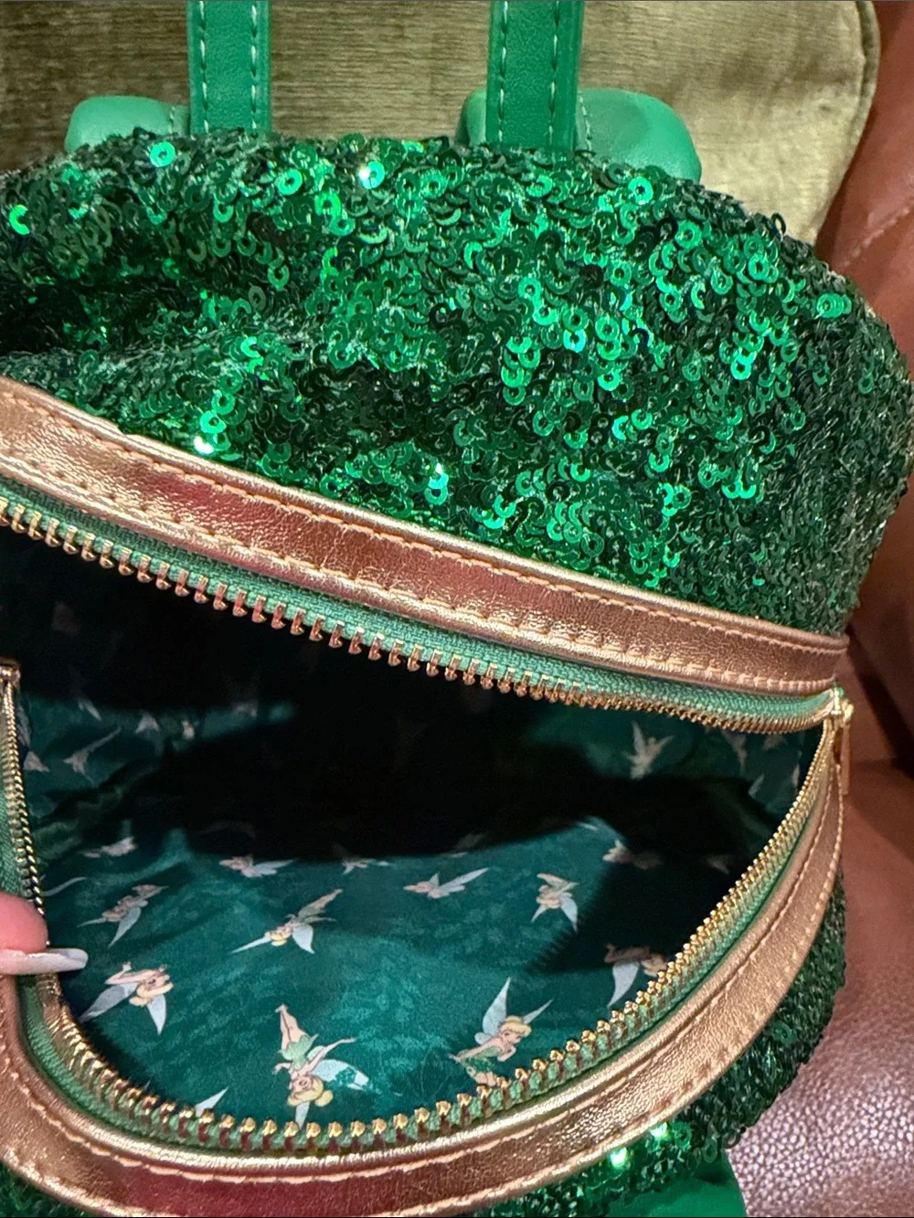 Loungefly Green Sequin Tinker Bell Mini Backpack and Peter Pan Wallet